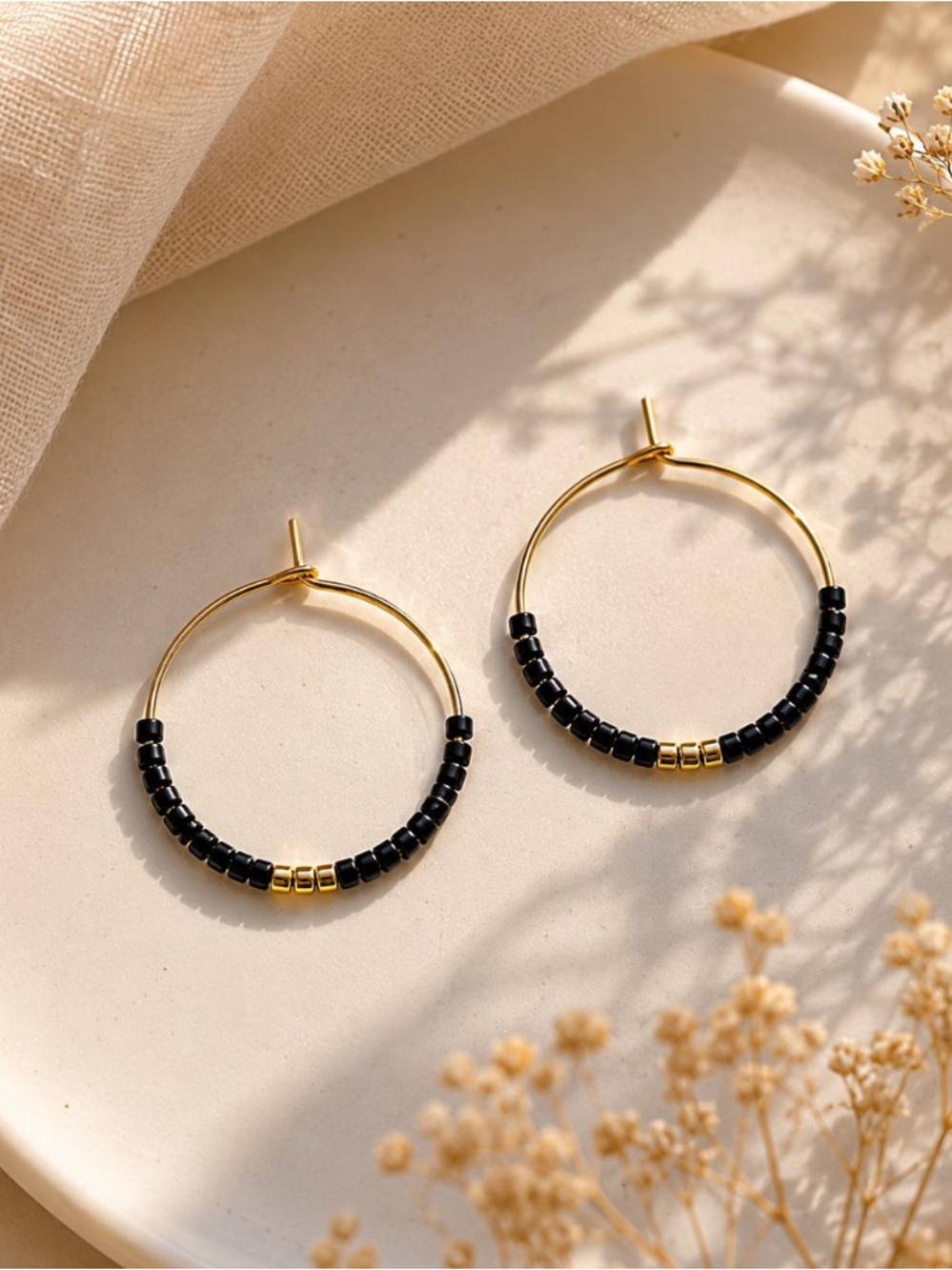 New✨ Black Miyuki Hoop Earrings, Minimalist Gold Hoops, Dainty Beaded Earrings